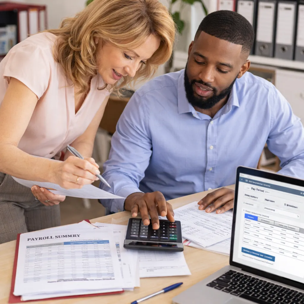 Two business professionals review a payroll summary and use a calculator, with payroll software open on a laptop