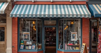 A small storefront with a striped awning
